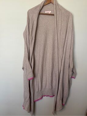 Fresh Produce Taupe Cotton Cashmere Pink Trim Open Front Cardigan Sweater ML